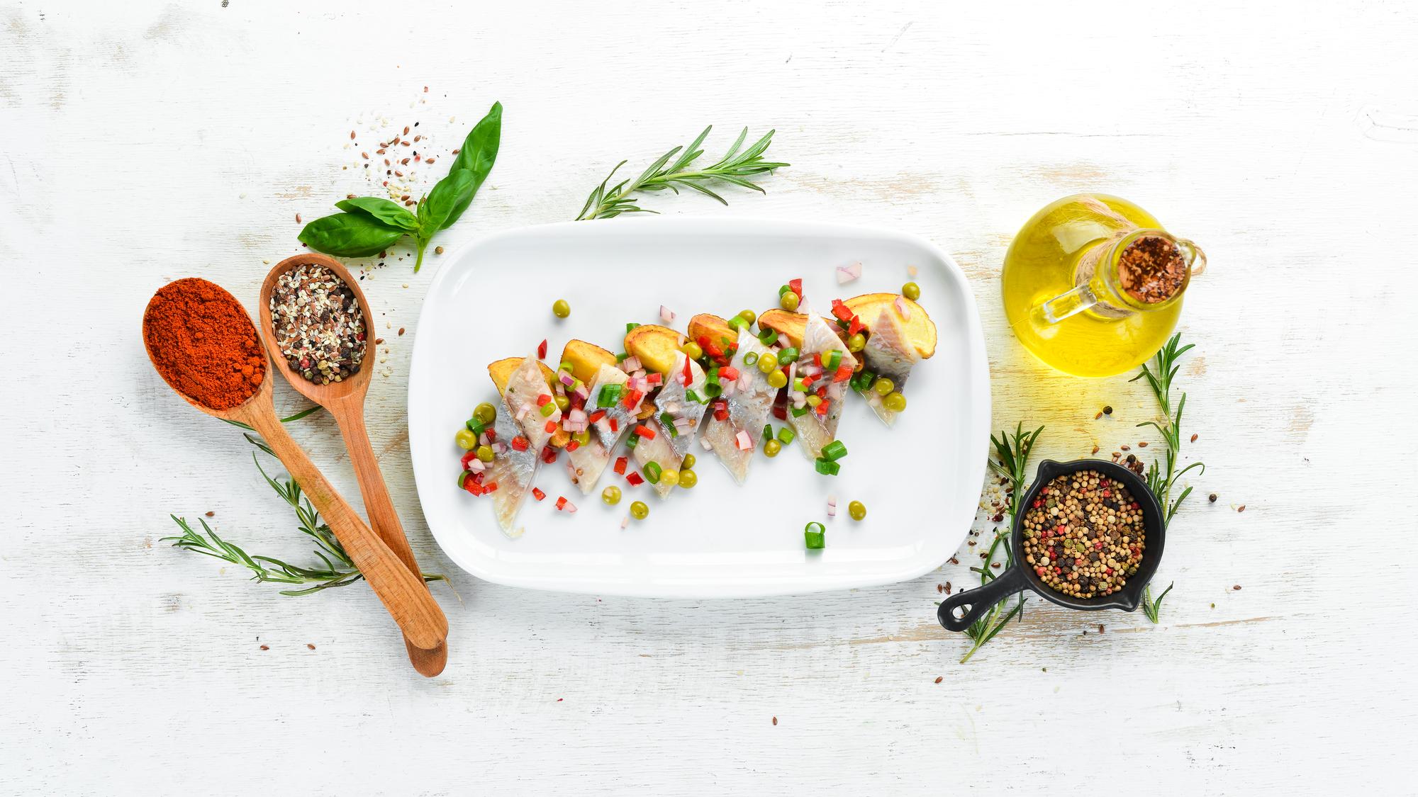 Plated modern dish with herbs