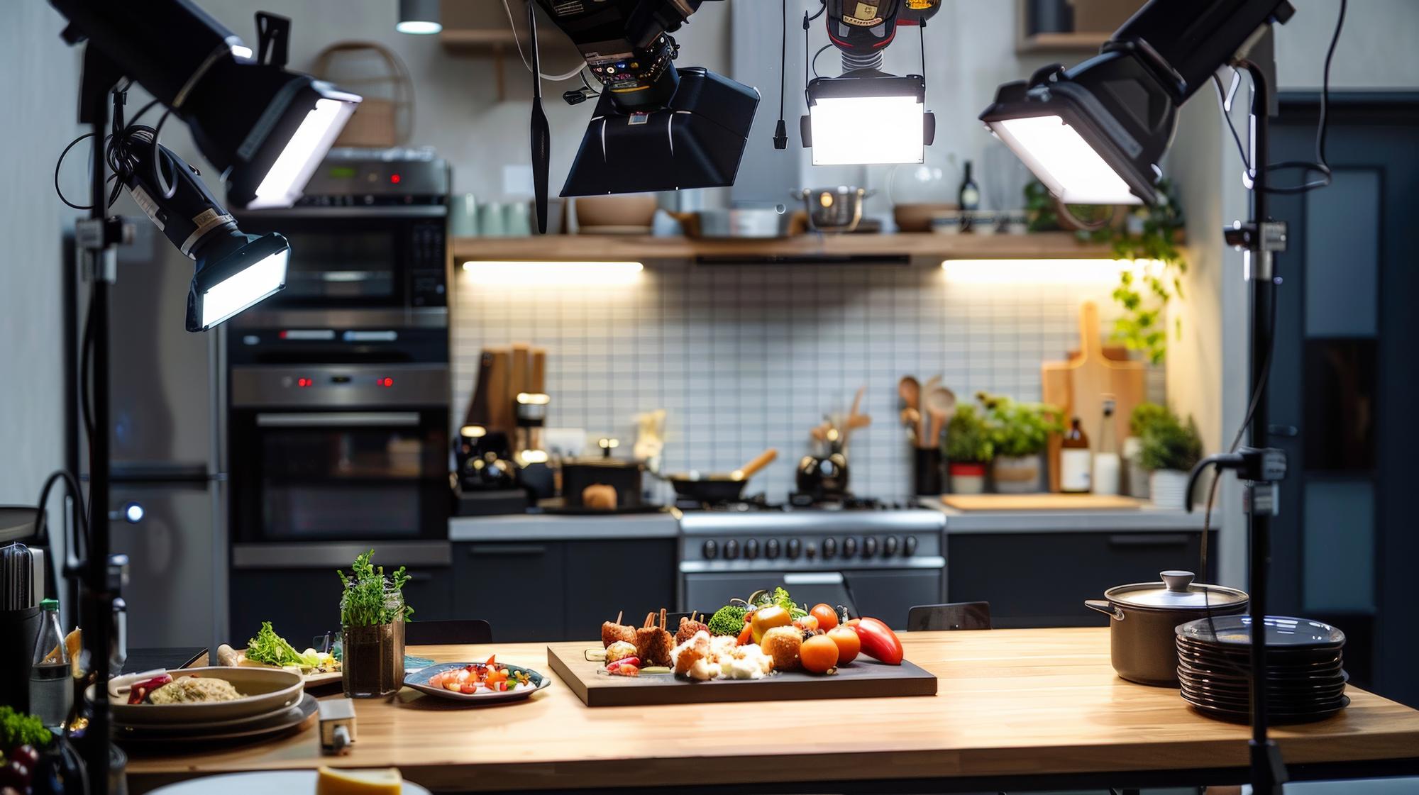 Workspace with camera and lighting for cooking class